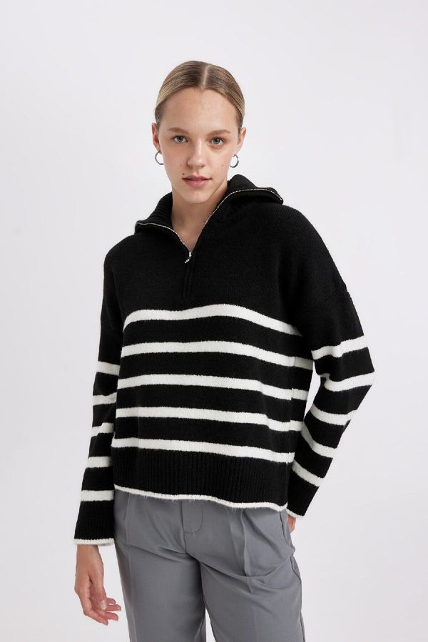 DEFACTO DEFACTO Oversize Wide Pattern Striped Half Zipper Stand Collar Knitwear Sweater