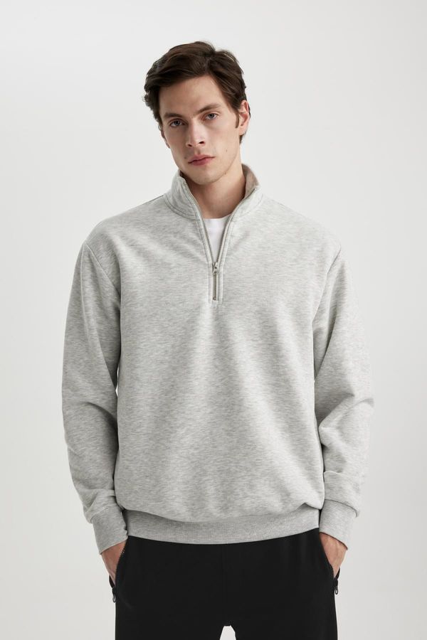 DEFACTO DEFACTO Oversize Wide Pattern Zippered Stand Collar Basic Plain Sweatshirt