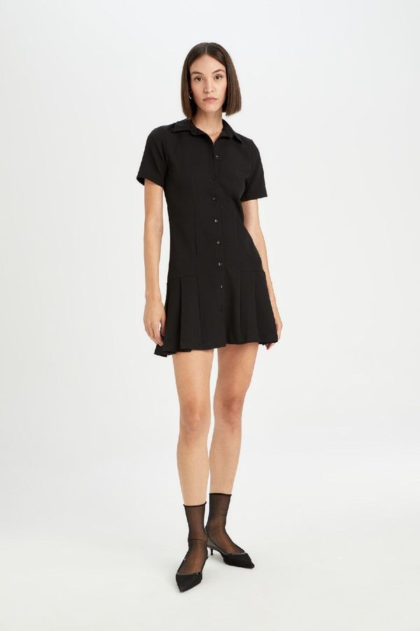 DEFACTO DEFACTO Polo Neck Basic Plain Short Sleeve Pleated Mini Dress