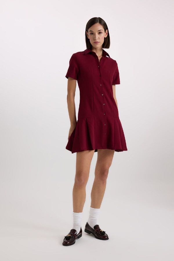 DEFACTO DEFACTO Polo Neck Basic Plain Short Sleeve Pleated Mini Dress