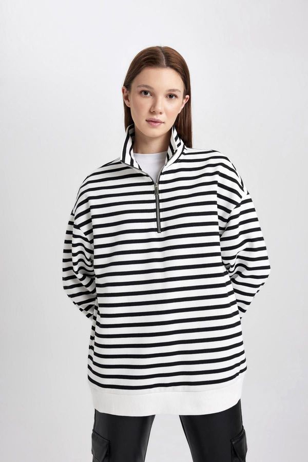 DEFACTO DEFACTO Polo Neck Striped Soft Hairy Thick Sweatshirt Tunic