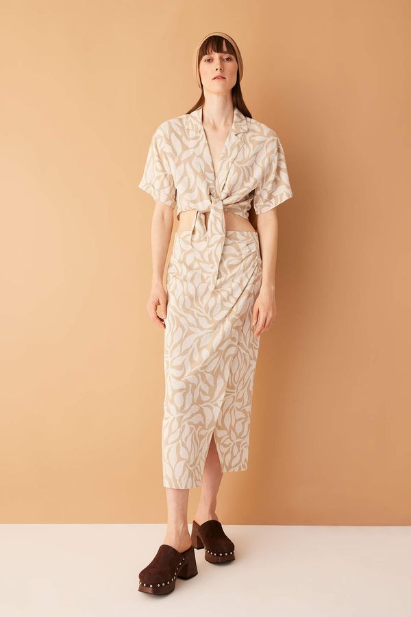 DEFACTO DEFACTO Printed Normal Waist Linen Blend Midi Skirt