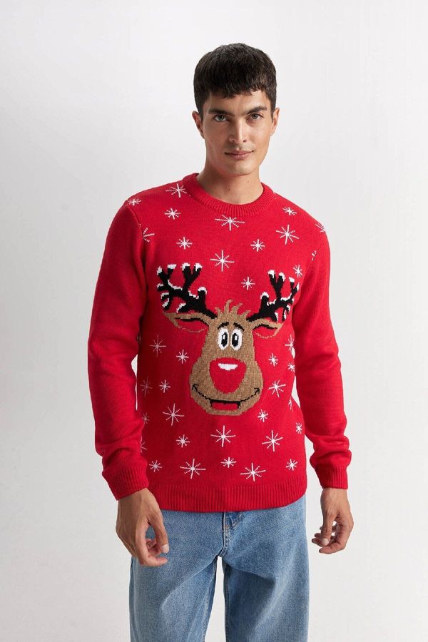 DEFACTO DEFACTO Red Standard Fit Crew Neck Christmas Themed Knit Sweater