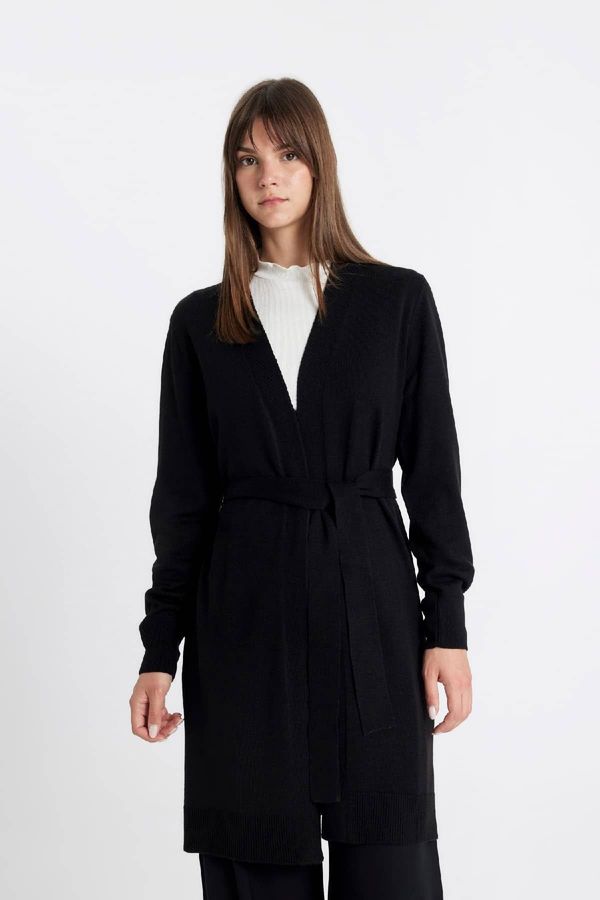 DEFACTO DEFACTO Regular Fi Basic Plain Belted Long Knit Black Cardigan