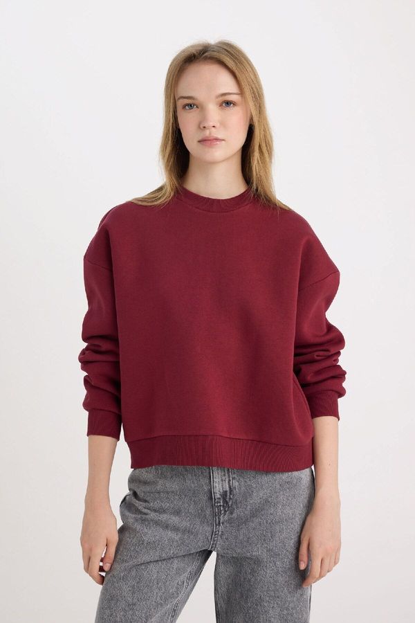 DEFACTO DEFACTO Regular Fit Crew Neck Basic Thick Fabric Claret Red Sweatshirt