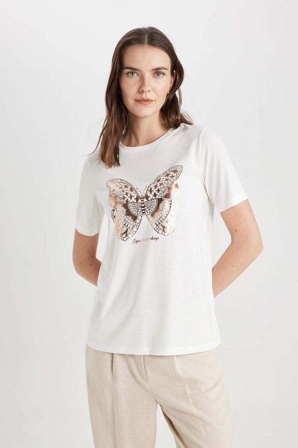 DEFACTO DEFACTO Regular Fit Crew Neck Butterfly Pattern Short Sleeve T-Shirt