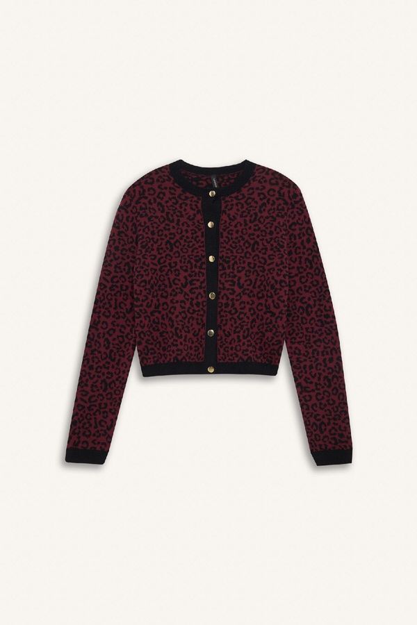 DEFACTO DEFACTO Regular Fit Crew Neck Leopard Patterned Button Closure Knitwear Cardigan