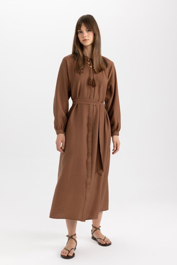 DEFACTO DEFACTO Regular Fit Crew Neck Long Sleeve Belted Maxi Dress