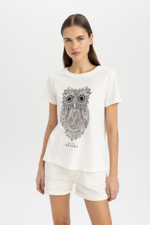 DEFACTO DEFACTO Regular Fit Crew Neck Owl Patterned Combed Cotton Short Sleeve T-Shirt