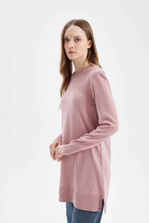 DEFACTO DEFACTO Regular Fit Crew Neck Slit Basic Plain Sweater Tunic