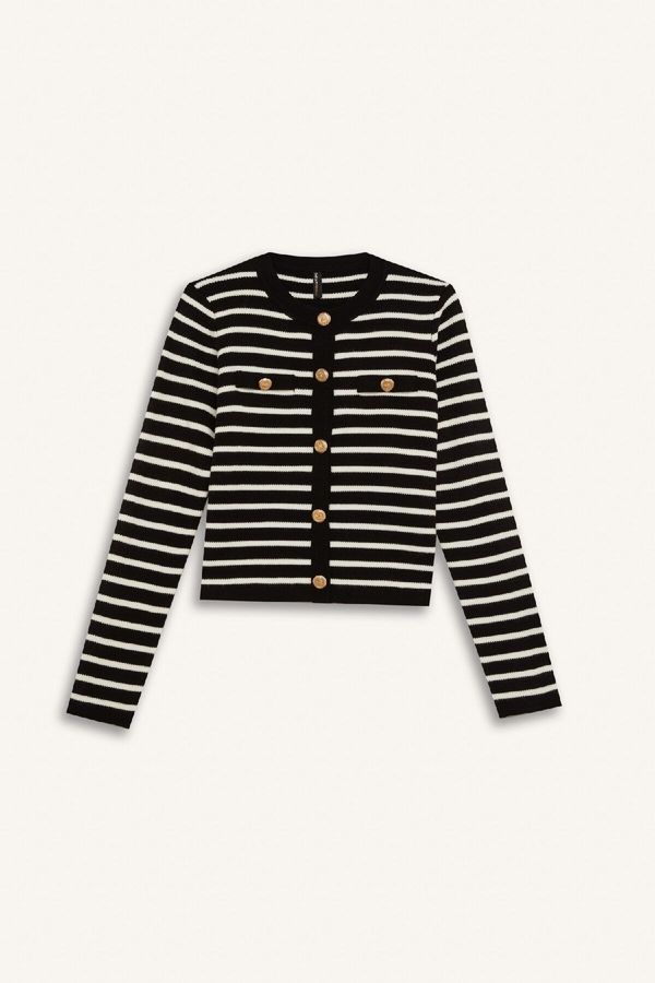 DEFACTO DEFACTO Regular Fit Crew Neck Striped Button Closure Knitwear Cardigan