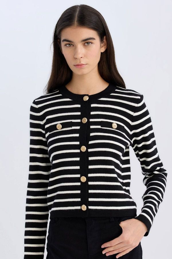 DEFACTO DEFACTO Regular Fit Crew Neck Striped Buttoned Knitwear Cardigan