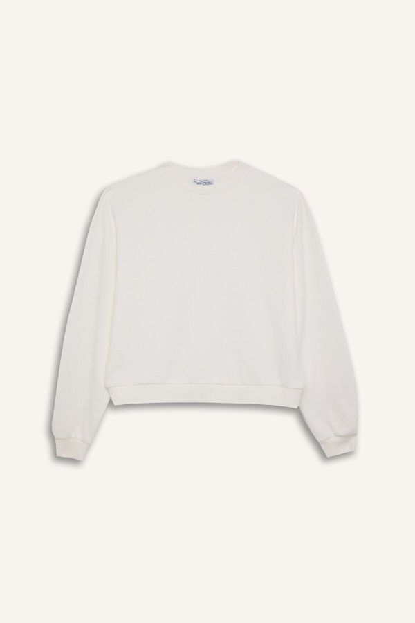 DEFACTO DEFACTO Regular Fit Crew Neck Thick Basic Plain White Sweatshirt