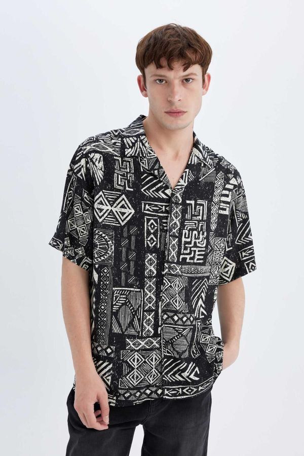 DEFACTO DEFACTO Regular Fit Crochet Collar Printed Viscose Short Sleeve Shirt