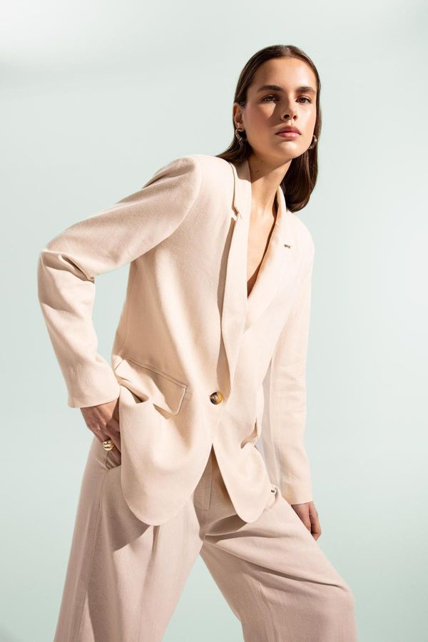 DEFACTO DEFACTO Regular Fit Double Breasted Linen Blend Buttoned Blazer Jacket