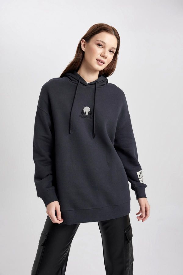 DEFACTO DEFACTO Regular Fit Hooded Embroidered Soft Fluffy Thick Sweatshirt Tunic