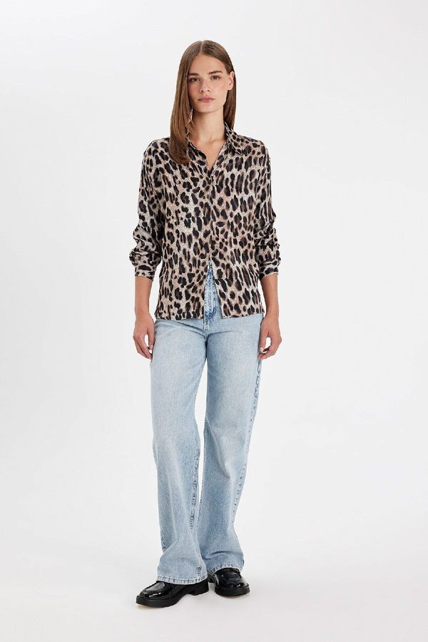 DEFACTO DEFACTO Regular Fit Leopard Print Poplin Long Sleeve Shirt