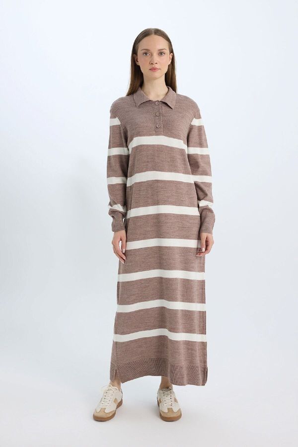 DEFACTO DEFACTO Regular Fit Polo Collar Buttoned Striped Long Sleeve Maxi Dress