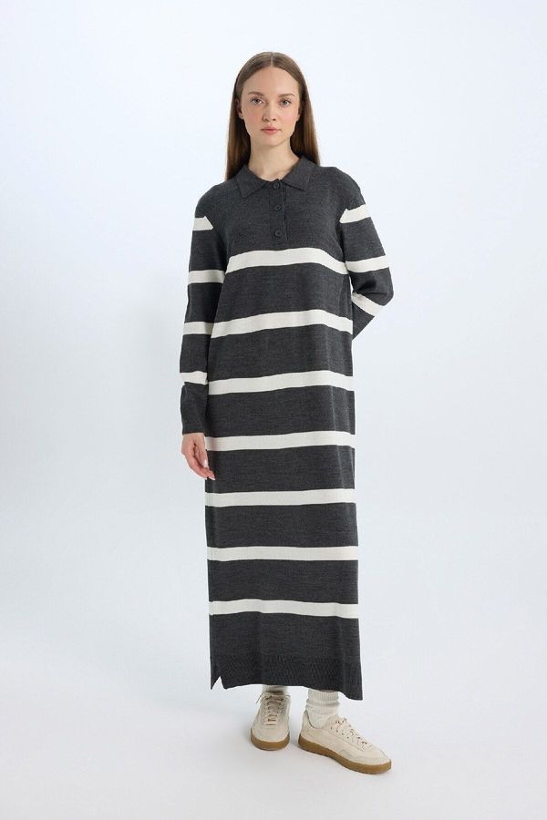 DEFACTO DEFACTO Regular Fit Polo Collar Buttoned Striped Long Sleeve Maxi Dress