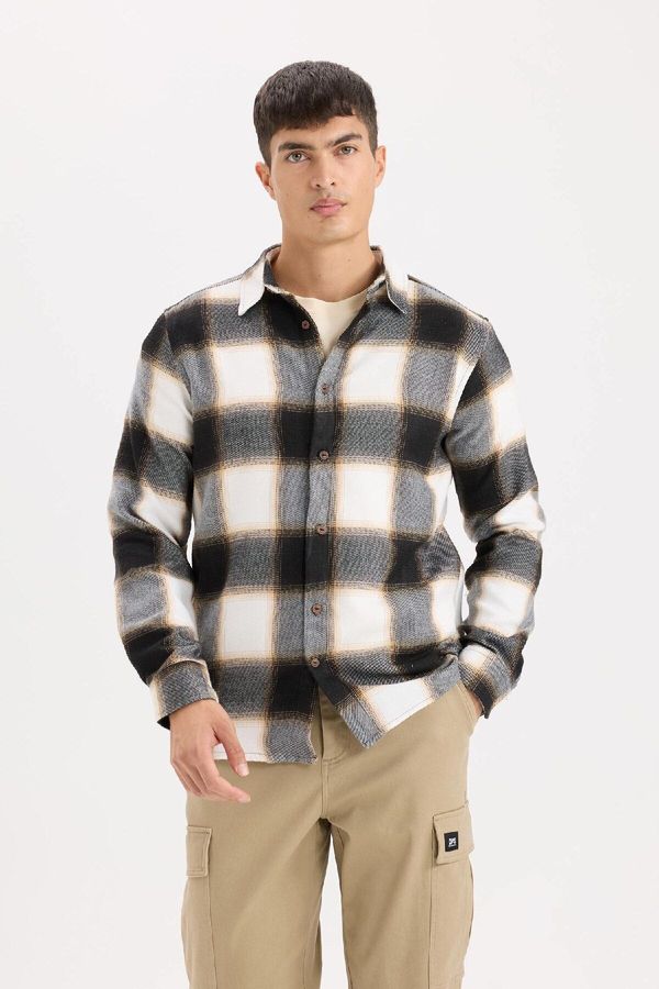 DEFACTO DEFACTO Regular Fit Polo Collar Plaid Flannel Long Sleeve Shirt