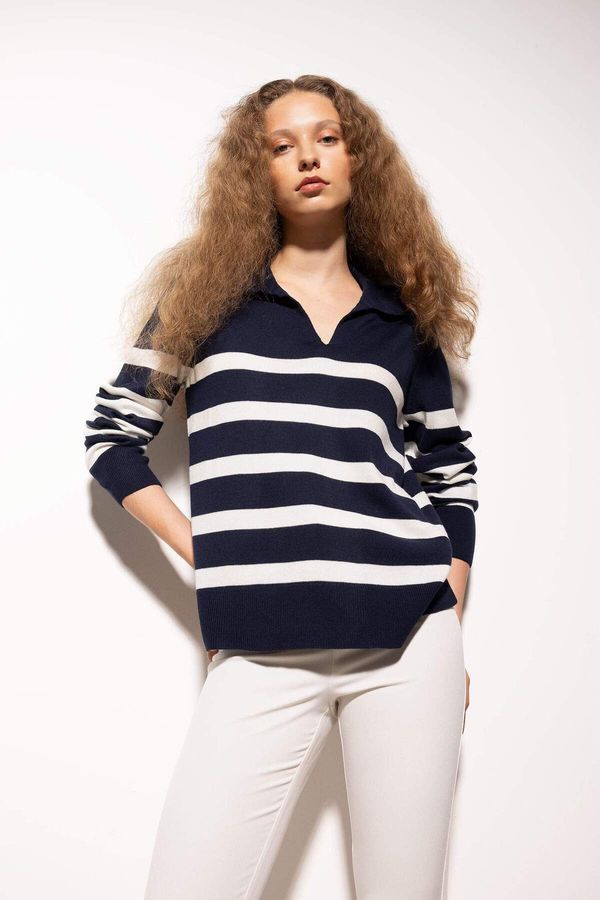 DEFACTO DEFACTO Regular Fit Polo Collar Striped Basic Plain Knitwear Sweater