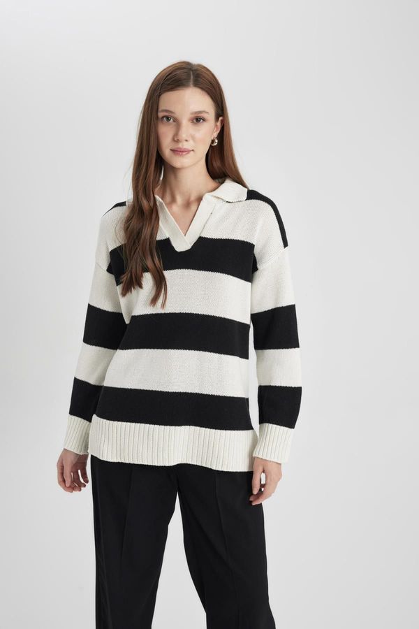 DEFACTO DEFACTO Regular Fit Polo Collar Striped Sweater Tunic