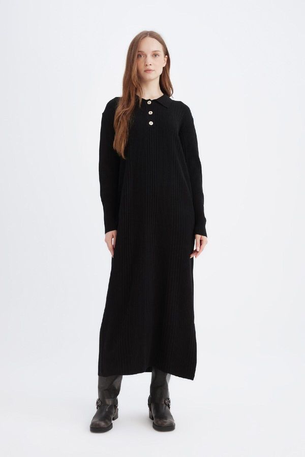 DEFACTO DEFACTO Regular Fit Polo Neck Basic Plain Maxi Knit Dress