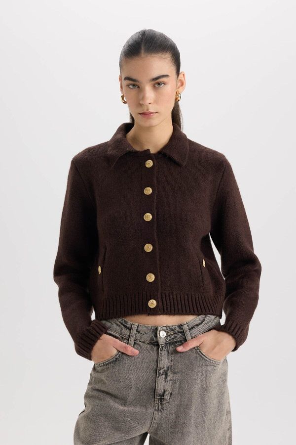 DEFACTO DEFACTO Regular Fit Polo Neck Buttoned Knitwear Cardigan