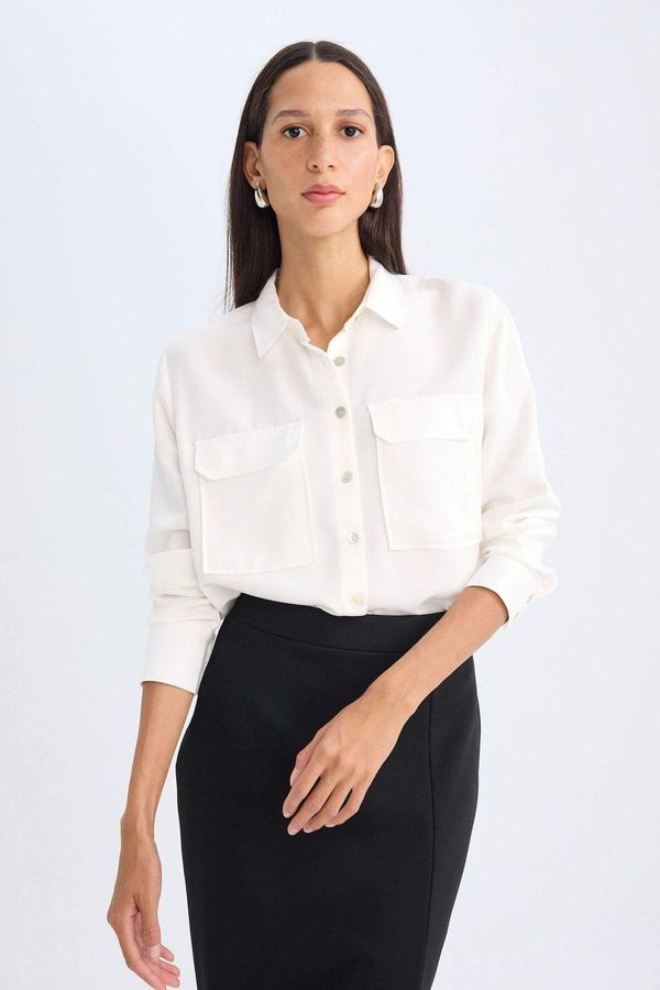 DEFACTO DEFACTO Regular Fit Shirt Collar Basic Plain Pocket Textured Long Sleeve White Shirt