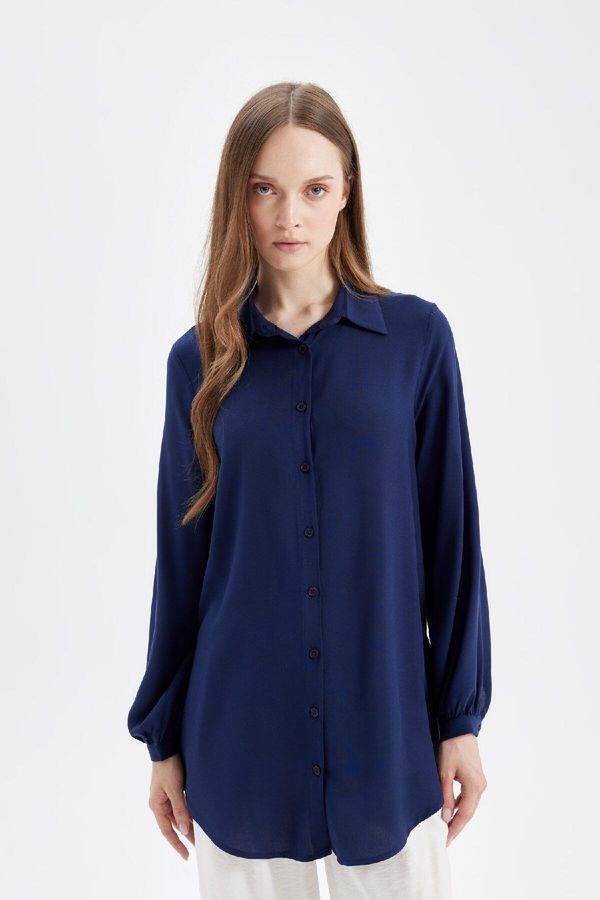 DEFACTO DEFACTO Regular Fit Shirt Collar Basic Plain Viscose Long Sleeve Shirt Tunic