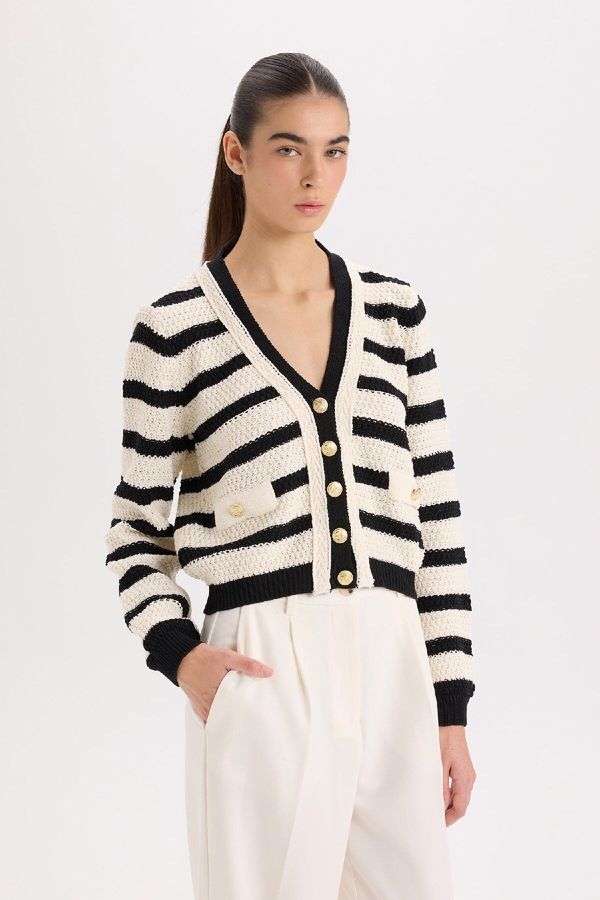 DEFACTO DEFACTO Regular Fit V Neck Striped Buttoned Cardigan