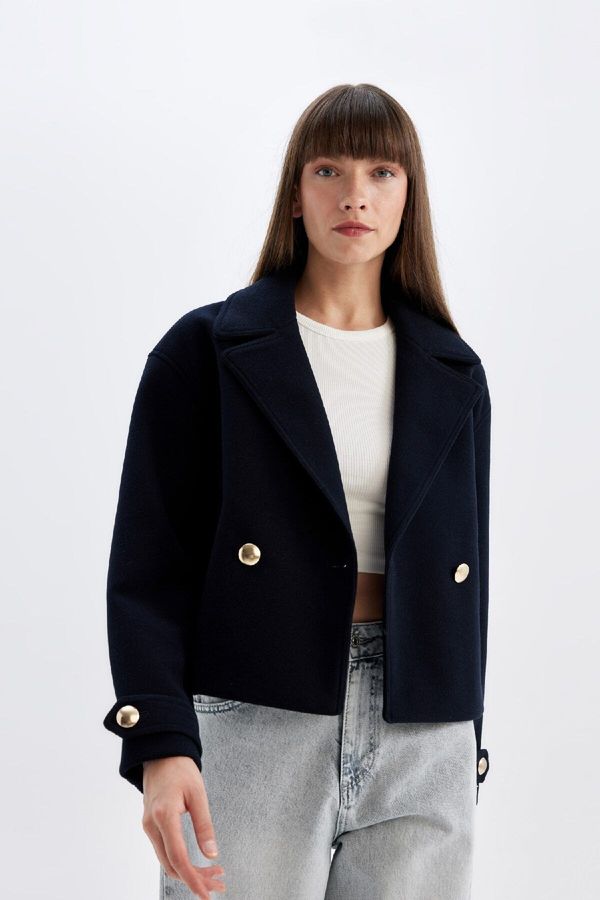 DEFACTO DEFACTO Regular Pattern Tuxedo Collar Gold Button Detail Short Cashmere Coat