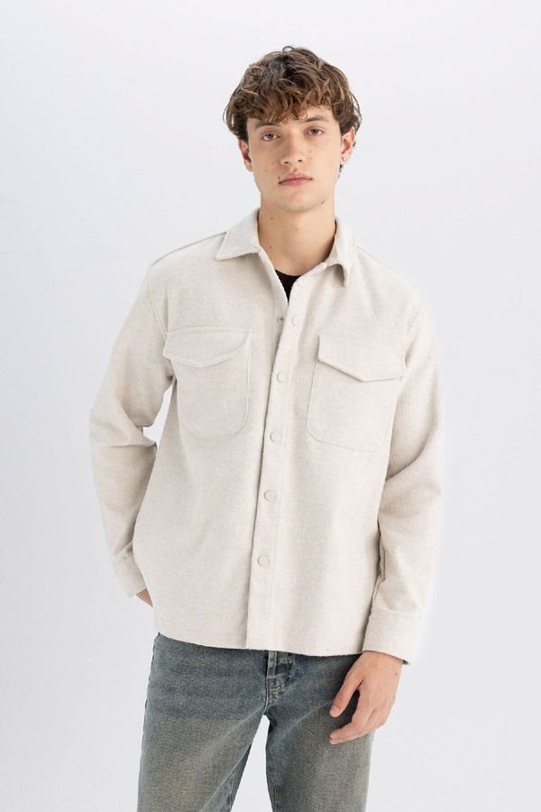 DEFACTO DEFACTO Relax Fit Acrylic Blend Plain Long Sleeve Shirt Jacket