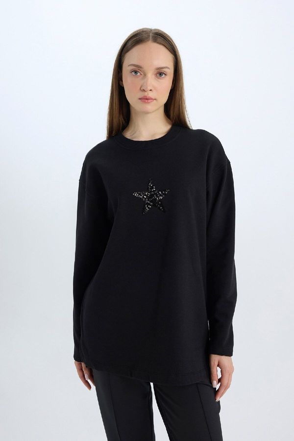 DEFACTO DEFACTO Relax Fit Crew Neck Printed Soft Fluffy Sweatshirt Tunic