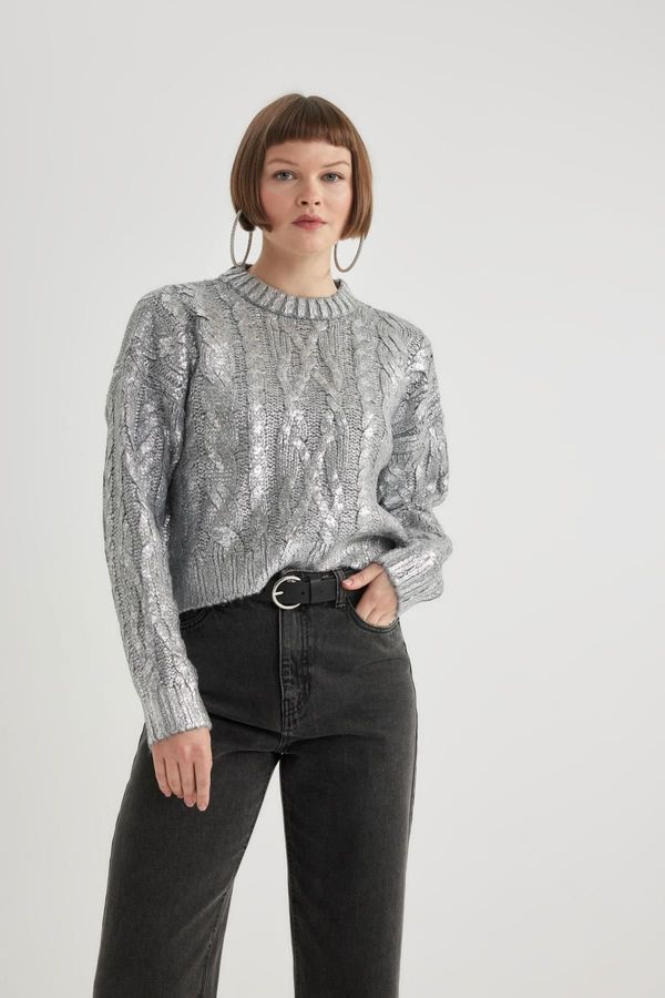 DEFACTO DEFACTO Relax Fit Crew Neck Shiny Metallic Color Sweater