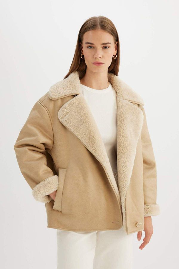 DEFACTO DEFACTO Relax Fit Double Breasted Buttoned Seasonal Plush Lined Suede Coat C6655ax24wn