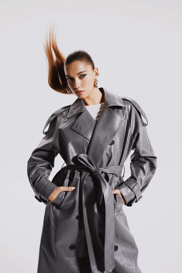 DEFACTO DEFACTO Relax Fit Faux Leather Trenchcoat