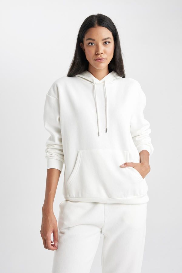 DEFACTO DEFACTO Relax Fit Hooded Kangaroo Pocket Thick Basic Plain White Sweatshirt