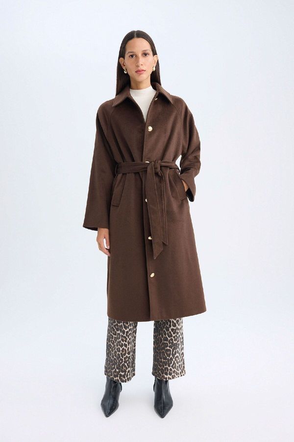 DEFACTO DEFACTO Relax Fit Long Cashmere Coat Polo Collar Buttoned Belt Pocket