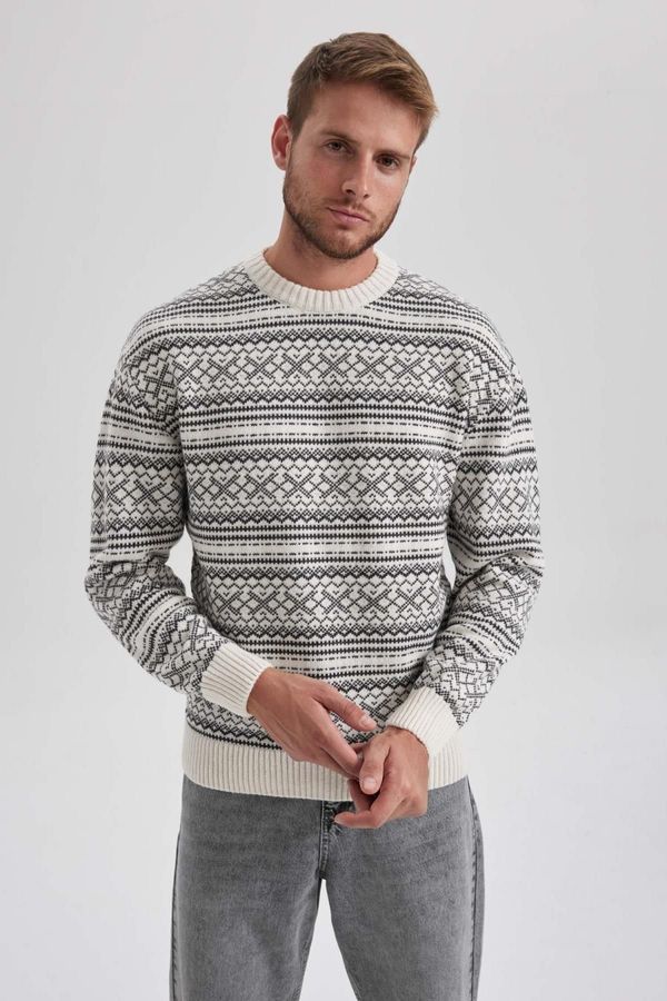 DEFACTO DEFACTO Relax Fit Patterned Crew Neck Sweater