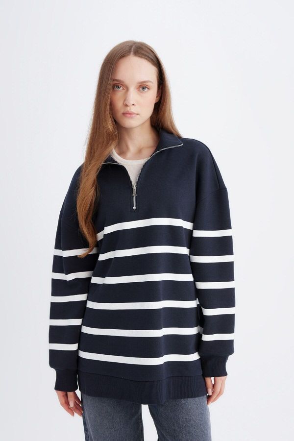 DEFACTO DEFACTO Relax Fit Polo Collar Striped Soft Fluffy Thick Sweatshirt Tunic