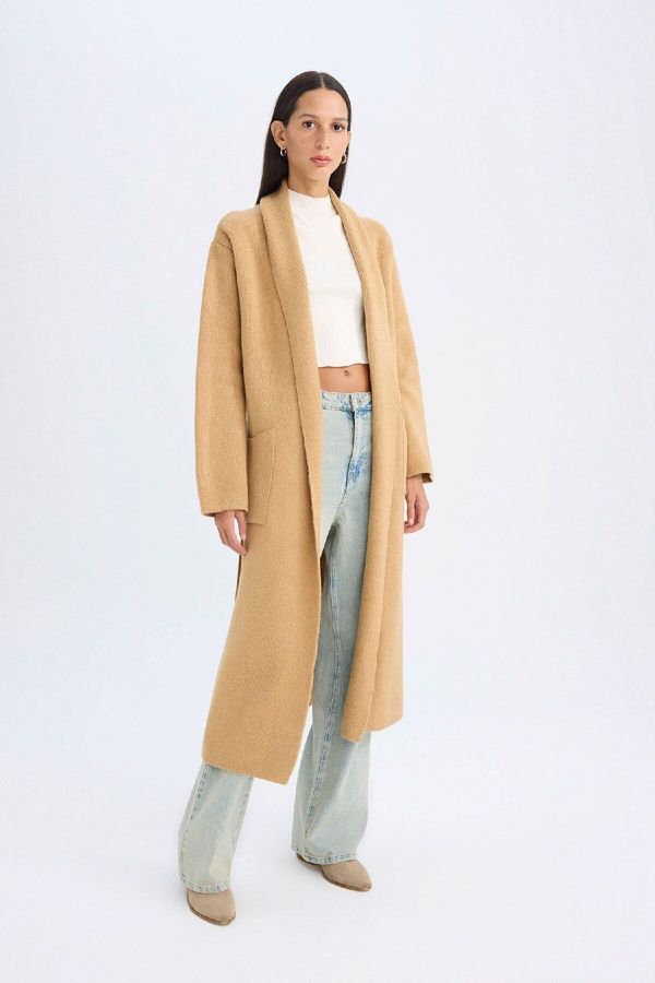 DEFACTO DEFACTO Relax Fit Shawl Collar Basic Plain Belted Long Knitwear Cardigan