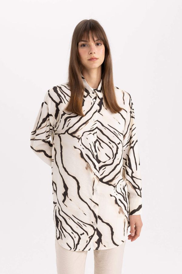 DEFACTO DEFACTO Relax Fit Shirt Collar Printed Long Sleeve Tunic