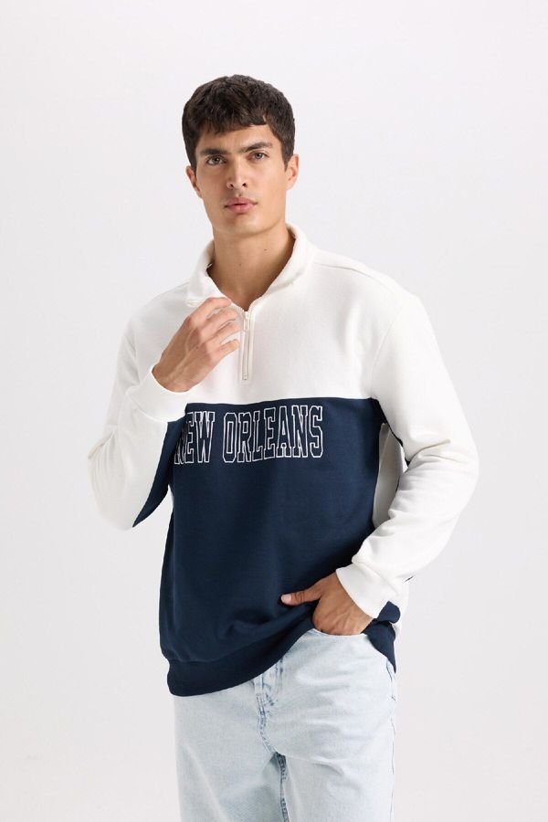 DEFACTO DEFACTO Relax Fit Stand Collar Half Zip Printed Thick Sweatshirt