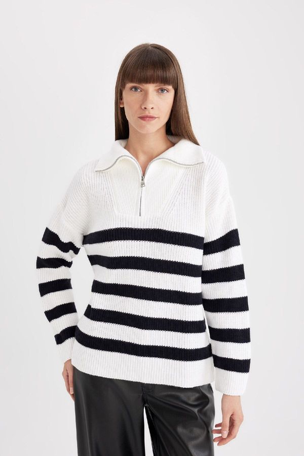 DEFACTO DEFACTO Relax Fit Striped Half Zipper Thessaloniki Fabric Sweater