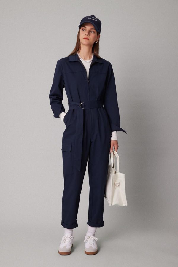 DEFACTO DEFACTO Shirt Collar Gabardine Long Sleeve Belted Jumpsuit