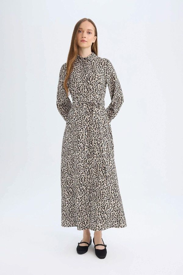 DEFACTO DEFACTO Shirt Collar Leopard Print Long Sleeve Maxi Dress