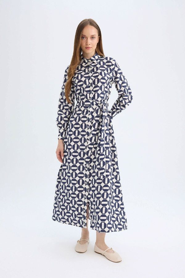 DEFACTO DEFACTO Shirt Collar Patterned Buttoned Belted Long Sleeve Maxi Dress