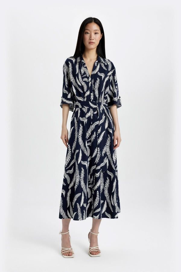 DEFACTO DEFACTO Shirt Collar Patterned Linen Blend Half Sleeve Midi Dress