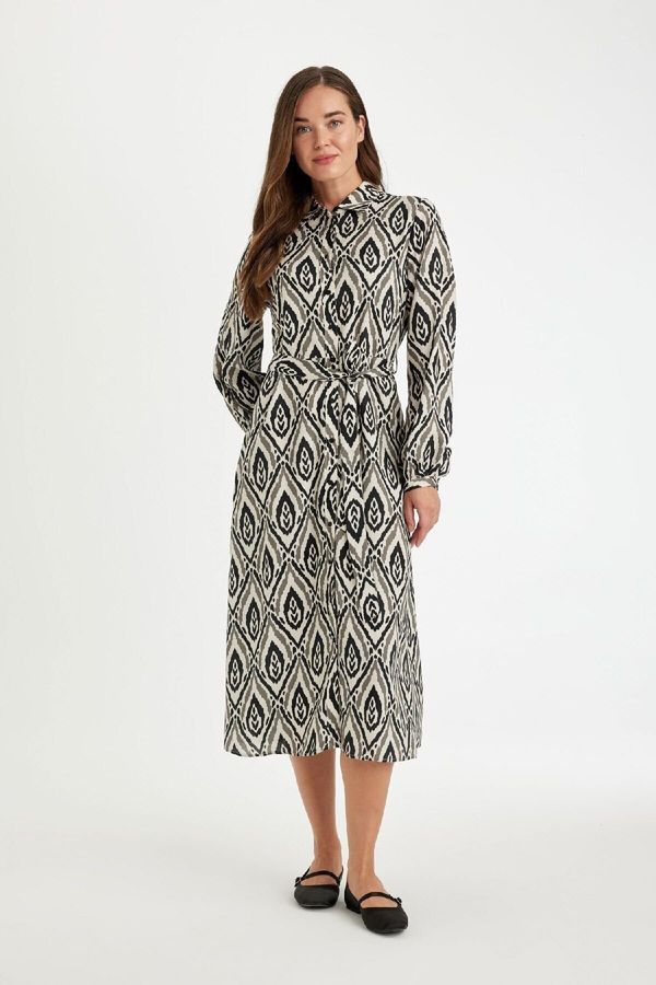 DEFACTO DEFACTO Shirt Collar Patterned Long Sleeve Maxi Dress